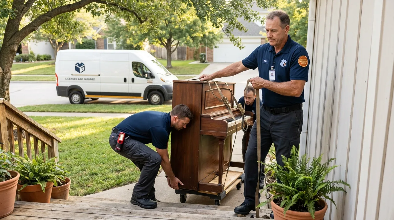 Licensed piano movers securing grand piano in Soulsbyville, CA