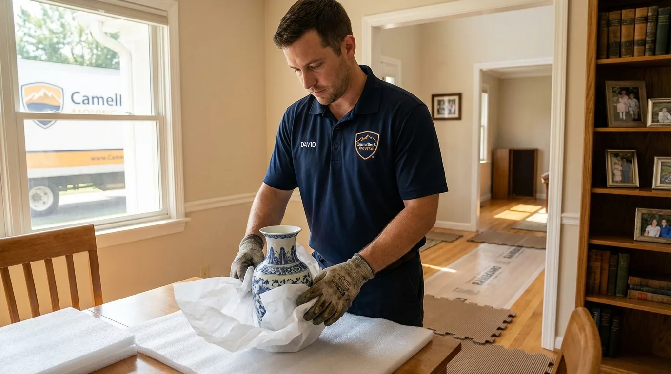 Professional crew carefully wrapping antique vase for senior downsizing move in Soulsbyville, CA